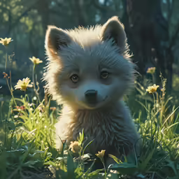 a little furry white dog laying on top of a lush green field