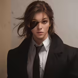 a woman dressed in a black suit and tie