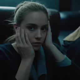 a woman is holding her hands to her face