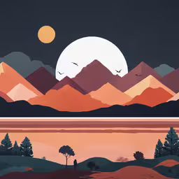 two mountains near water under a cloudy sky,the artwork is displayed in front of a sunset