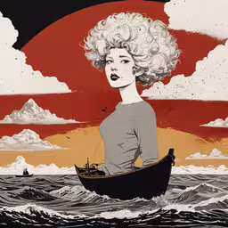 a poster with a person in a boat surrounded by waves,a woman with large white hair and a boat on the water