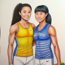 two females are wearing shorts and tank tops,two girls in yellow and blue shirts are standing next to each other