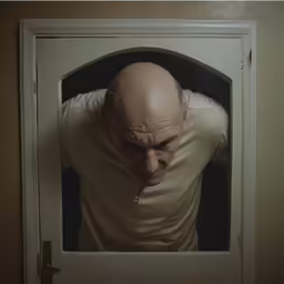 a man peeks his head through a door frame
