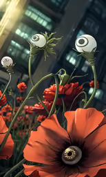 a close - up of red flowers and an animated figure