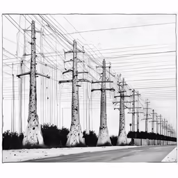 a street scene with telephone wires and a black and white photo