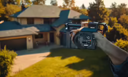 a person is holding up a camera outside a house
