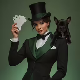 woman in a green suit holding a card and a dog on her lap