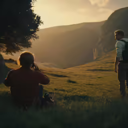two boys in the grass with one taking a picture of another