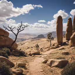 a lone tree in a desert with boulders
