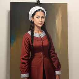 a painting of a young girl in an apron wearing a turban