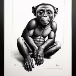 a monkey sitting on top of a desk next to a frame