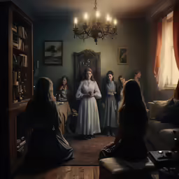 women in victorian clothes gathered around a woman standing in front of a mirror