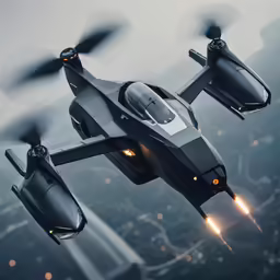 a flying airplane with two lights on its wings