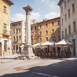 a city square with tables and chairs under umbrellas