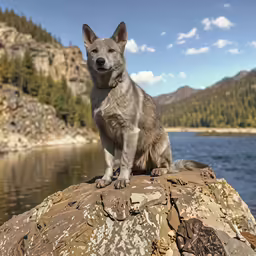 a wolf sitting on top of a rock near water