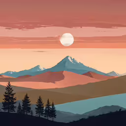 an orange and red sky is shown with mountains,a painting with mountains in the background