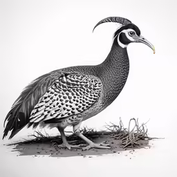 a bird with an animal like body and long neck standing on top of dead grass