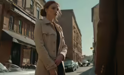 woman standing at an intersection wearing a trench coat