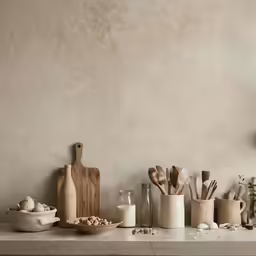 various jars are lined up against the wall in a rustic kitchen