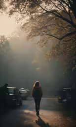 a person is walking down the road in a park