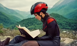 a woman wearing a helmet sits with a book in her hands