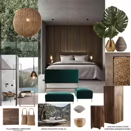 green and brown bedroom with a bed, pillows and a plant