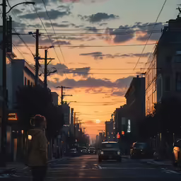 a man walking down the street at sunset