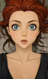 a drawing of a young woman with a blue eyes