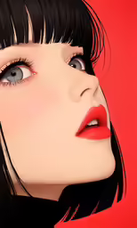 a close up shot of a girl with black hair and a red background