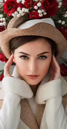 woman in a winter hat and a fur coat in front of flowers