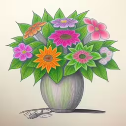 a colored drawing of flowers in a vase