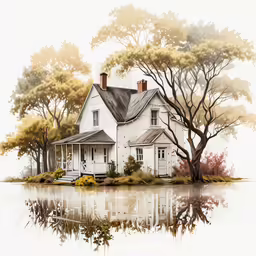 painting of a white house with trees by the water