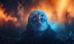 a woman with blue hair and piercing on her eyes standing in front of a bright sky