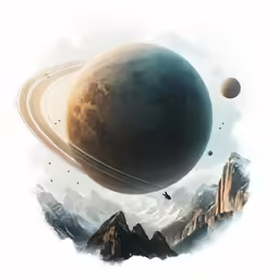 a picture of a planet with mountains and birds