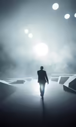 a man walking through a darkened space with bright lights
