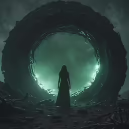 a woman standing in a dark green circle with vines