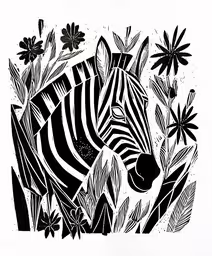 an image of zebras and flowers drawn in black ink,a zebra, flowers and butterflies drawn in black ink