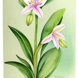a painting of three flowers with green leaves