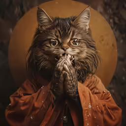 a cat is holding his hands together