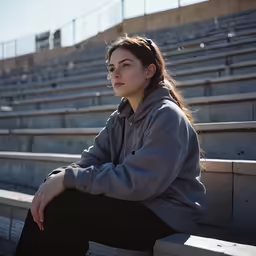 a woman is sitting on some bleachers
