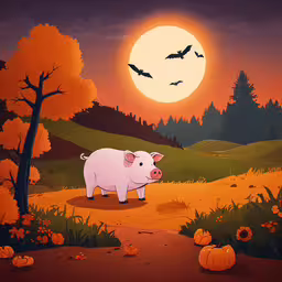 a pig is standing in the middle of the field,a pig is looking at a full moon in a field