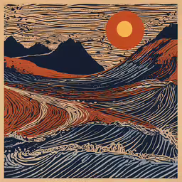 the ocean is surrounded by waves, mountains and a red sun,an art print featuring mountains and waves at sunset