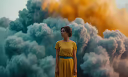 a woman stands in front of a huge cloud of smoke