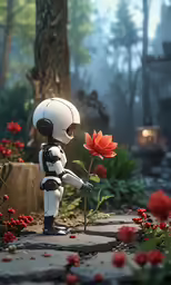 a little robot holding a flower in the garden