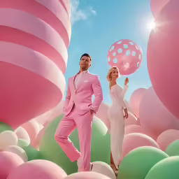 a woman and man are standing outside surrounded by giant balloons