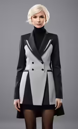 a blond model in black and white dress with a coat