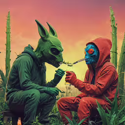 the creature wearing a gas mask looks at another alien in front of a sunset,a guy in green and red has a blue mask
