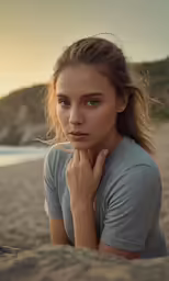a woman with a shirt on is looking at the camera