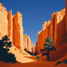 a valley in an open area with rocks and trees