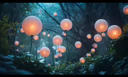 some white paper lanterns floating above trees